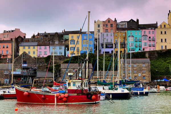 Tenby Harbour Red Boat Picture Board by Jeremy Hayden