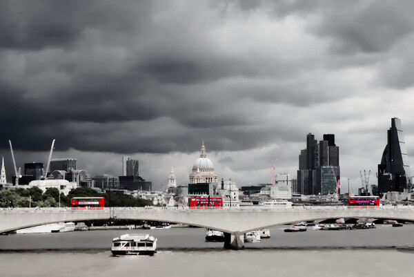 Three London Buses on Waterloo Bridge Mono Picture Board by Jeremy Hayden