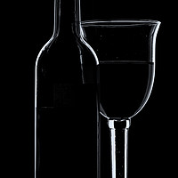 Buy canvas prints of Wine glass and bottle - mono with cool tones. by Paul Cullen