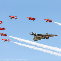Buy canvas prints of Avro Vulcan XH558 & Red Arrows Formation by Steve de Roeck