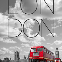 Buy canvas prints of Red Buses in London | Text & Skyline by Melanie Viola