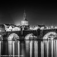 Buy canvas prints of Night impression of Charles Bridge with Old Town Bridge Tower - Panorama Monochrome by Melanie Viola