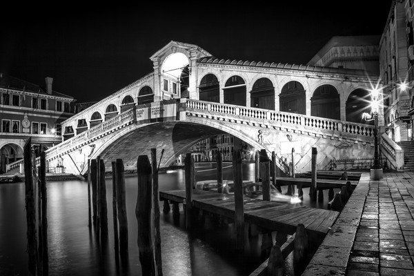 VENICE Rialto Bridge at Night black and white Picture Board by Melanie Viola