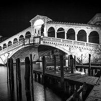 Buy canvas prints of VENICE Rialto Bridge at Night black and white by Melanie Viola