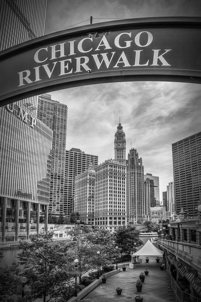 CHICAGO River Walk black and white Picture Board by Melanie Viola