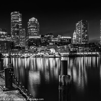 Buy canvas prints of BOSTON Fan Pier Park & Skyline at night | monochro by Melanie Viola