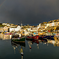 Buy canvas prints of Rainbow at Mevagissey harbor by Michael Brookes