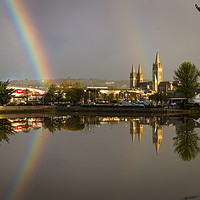 Buy canvas prints of Rainbow and cathedral reflections by Michael Brookes