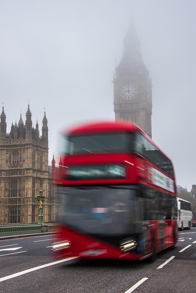 London Bus crosssing Westminster Bridge on a foggy Picture Board by George Robertson