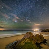 Buy canvas prints of Three Cliffs Bay, Gower at Night with Sirius by Dan Santillo