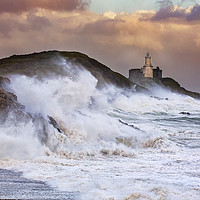 Buy canvas prints of Storm Ophelia at Mumbles Lighthouse by Dan Santillo