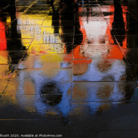 Buy canvas prints of abstract reflections of shadows and neon light in wet pavement by Sara Melhuish