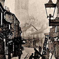 Buy canvas prints of The Straight, Lincoln, 1890s misty day watercolour by Chris Langley