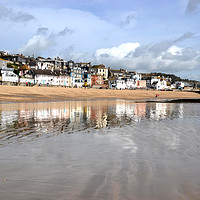 Buy canvas prints of Lyme Regis reflected in the sand and sea by Lynn Carter