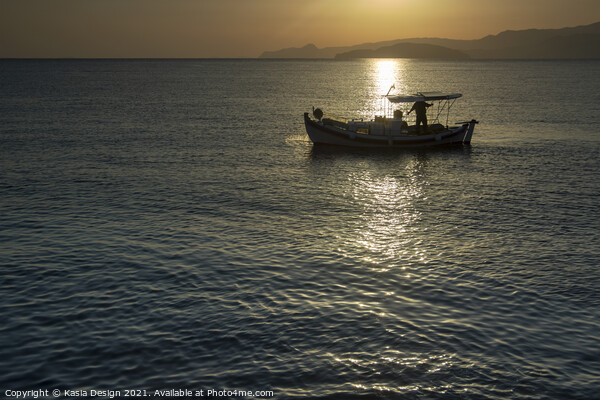 Fishing Boat in Dawn Light, Agios Nikolaos, Crete Picture Board by Kasia Design
