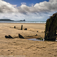 Buy canvas prints of The wreck of the Helvetia and Worm's Head by Chris Drabble