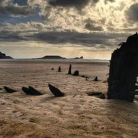 Buy canvas prints of The wreck of the Helvetia at sunset, Rossili Bay by Chris Drabble