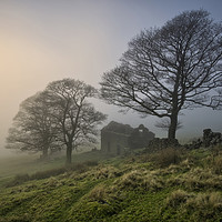 Buy canvas prints of Roach End Barn shrouded in mist (3) by Chris Drabble