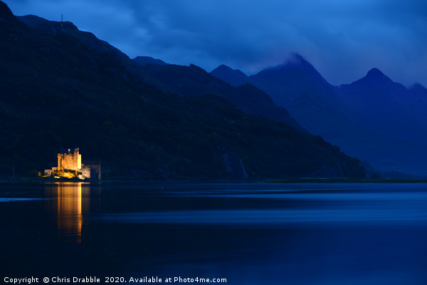 A Floodlit Eilean Donan Castle and Five Sisters Picture Board by Chris Drabble