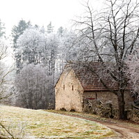 Buy canvas prints of Winter landscape with old house in Czechia. by Sergey Fedoskin