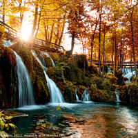 Buy canvas prints of Autumn landscape with waterfalls on Pliva river near Jajce city. Bosnia and Herzegovina. by Sergey Fedoskin