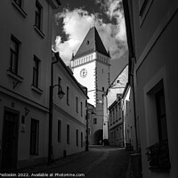 Buy canvas prints of Medieval street with historical buildings, gothic clock tower of Town hall. Tabor, South Bohemia, Czech Republic. by Sergey Fedoskin