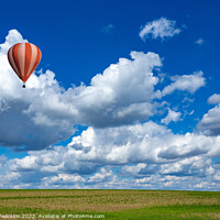 Buy canvas prints of Colorful hot air balloons over green rice field. by Sergey Fedoskin