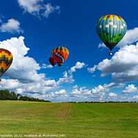 Buy canvas prints of Colorful hot air balloons over green rice field. by Sergey Fedoskin