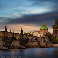 Buy canvas prints of Colorful sunset view on old town, Charles bridge (Karluv Most - in czech) and Vltava river, Prague, Czech Republic. by Sergey Fedoskin