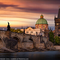 Buy canvas prints of Colorful sunset view on old town, Charles bridge (Karluv Most - in czech) and Vltava river, Prague, Czech Republic. by Sergey Fedoskin