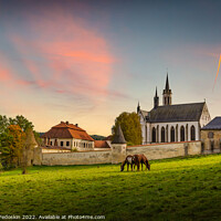 Buy canvas prints of Cistercian monastery Vyssi Brod and grazing horses. Czech Republic. by Sergey Fedoskin
