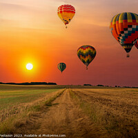Buy canvas prints of Colorful hot air balloons flying over field at sunset. by Sergey Fedoskin