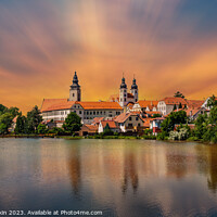 Buy canvas prints of View of Telc across pond with reflections, South Moravia, Czech Republic. by Sergey Fedoskin
