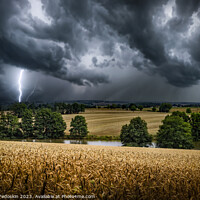 Buy canvas prints of Lightning strike through the storm clouds over rural countryside. by Sergey Fedoskin