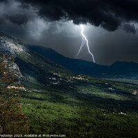 Buy canvas prints of Lightning strike in the mountains. by Sergey Fedoskin