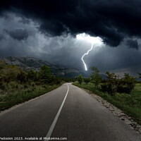 Buy canvas prints of Lightning over mountains road by Sergey Fedoskin