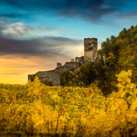 Buy canvas prints of Autumn vineyards under old ruin of Hinterhaus castle in Spitz. Wachau valley. by Sergey Fedoskin