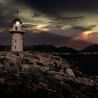 Buy canvas prints of Lighthouse on a mediterranean coast at night. by Sergey Fedoskin