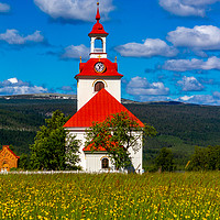 Buy canvas prints of The beautiful Church of Klövsjö in Sweden on a sum by Hamperium Photography