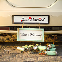 Buy canvas prints of Wedding car with a plate "Just married". by Tartalja 