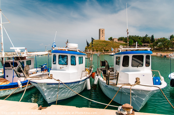 Boats in the background of Nea-Fokea Tower, Greece Picture Board by Andrei Bortnikau