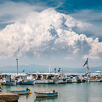 Buy canvas prints of Big cloud over boats, yachts and Aegean sea, Greec by Andrei Bortnikau