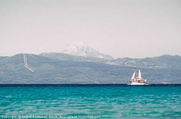 Sailing ship sails in the Aegean Sea Picture Board by Andrei Bortnikau