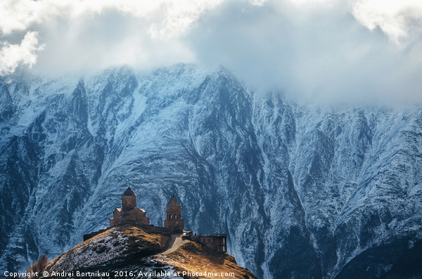 Caucasus mountains, Gergeti Trinity church, Georgi Picture Board by Andrei Bortnikau