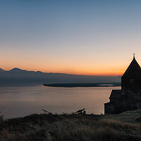 Buy canvas prints of Panoramic view of Sevan Lake at sunset, Armenia by Andrei Bortnikau