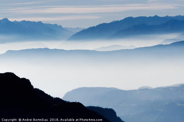 Misty mountains in Alps, Italy Picture Board by Andrei Bortnikau