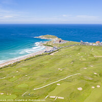 Buy canvas prints of Aerial photograph of Fistral Beach and golf course , Newquay, Cornwall, England by Tim Woolcock