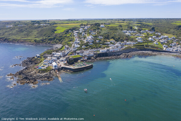 Aerial photograph of Coverack, Lizard, Helston, Cornwall, England  Picture Board by Tim Woolcock