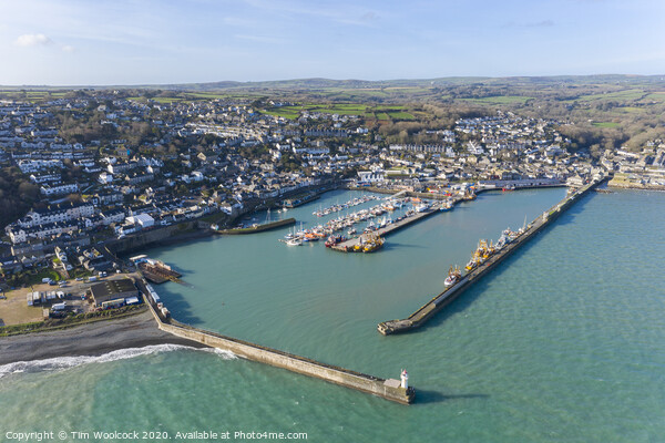Aerial photograph of Newlyn harbour, Penzance, Cornwall, England Picture Board by Tim Woolcock