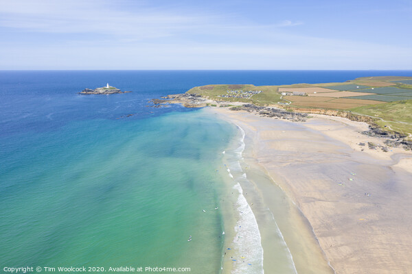 Aerial photography of Godrevy beach and lighthouse  Picture Board by Tim Woolcock